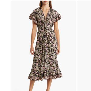 Max StudioFlutter Sleeve Dress Black/Plum Blooms Medium